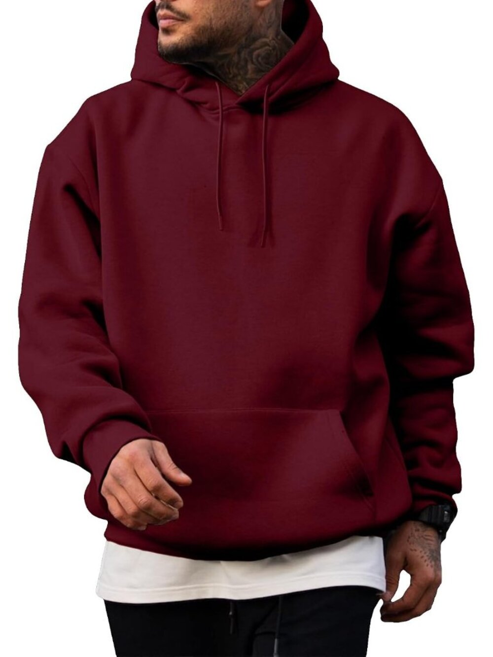 Men's Burgundy Fleece Lined Oversized Pullover Drawstring Hooded Sweatshirts